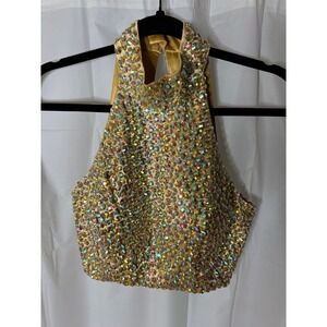 Sequin Embellished Halter Top Gold Party Sparkly Sleeveless Shimmery Blouse